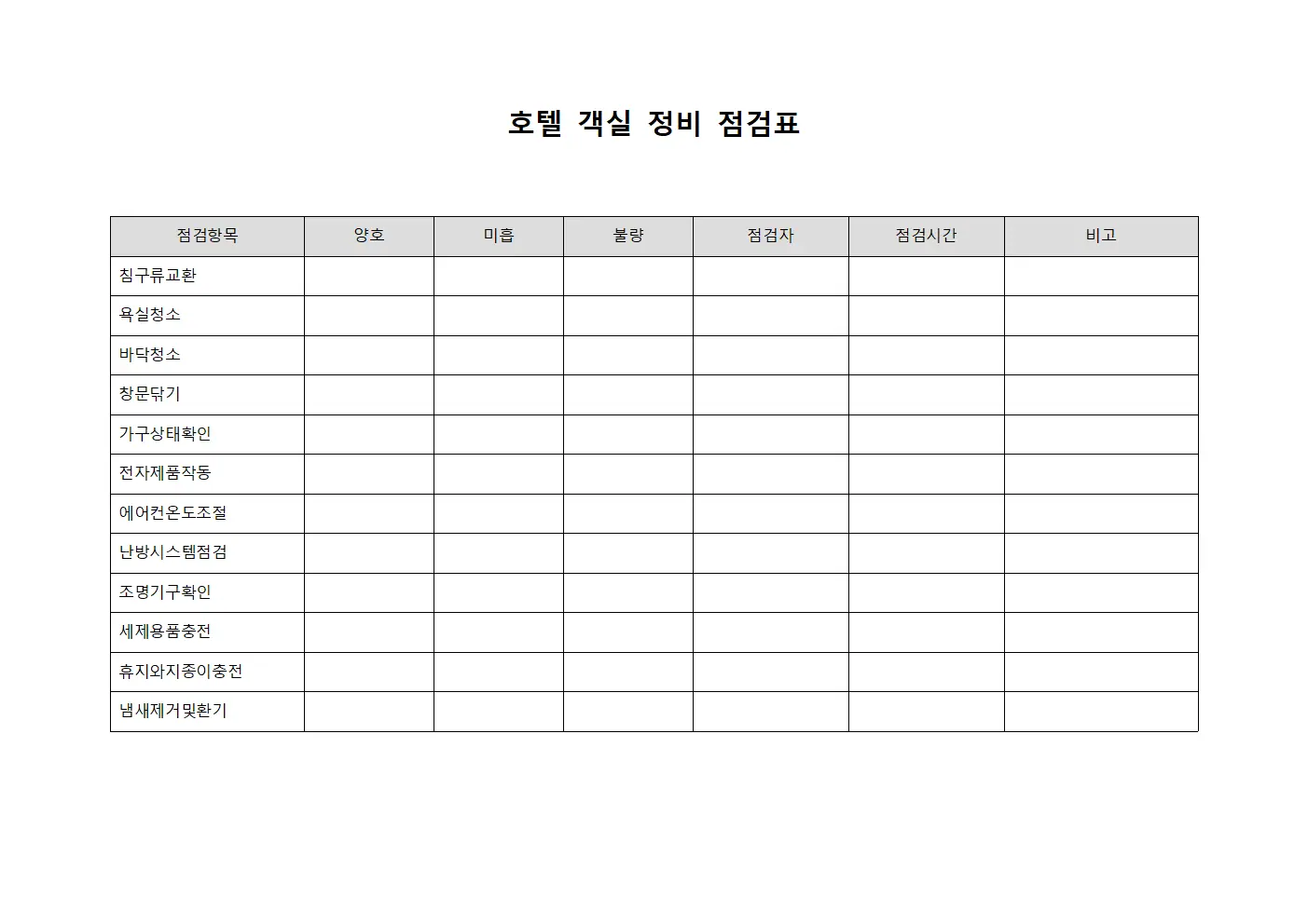 호텔 객실 정비 점검표 서식파일