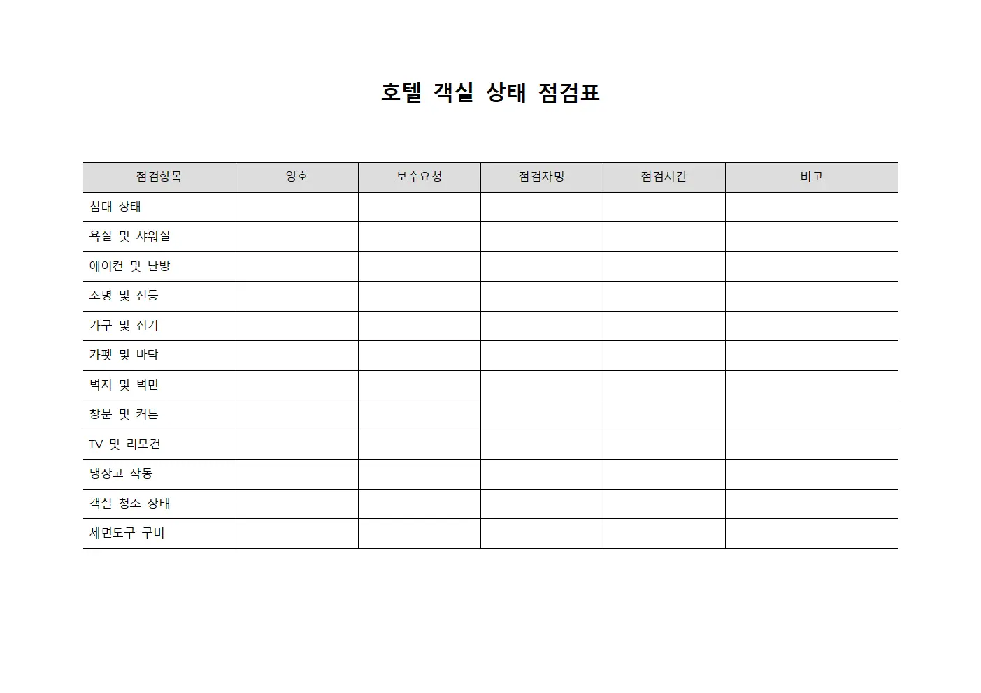 호텔 객실 상태 점검표