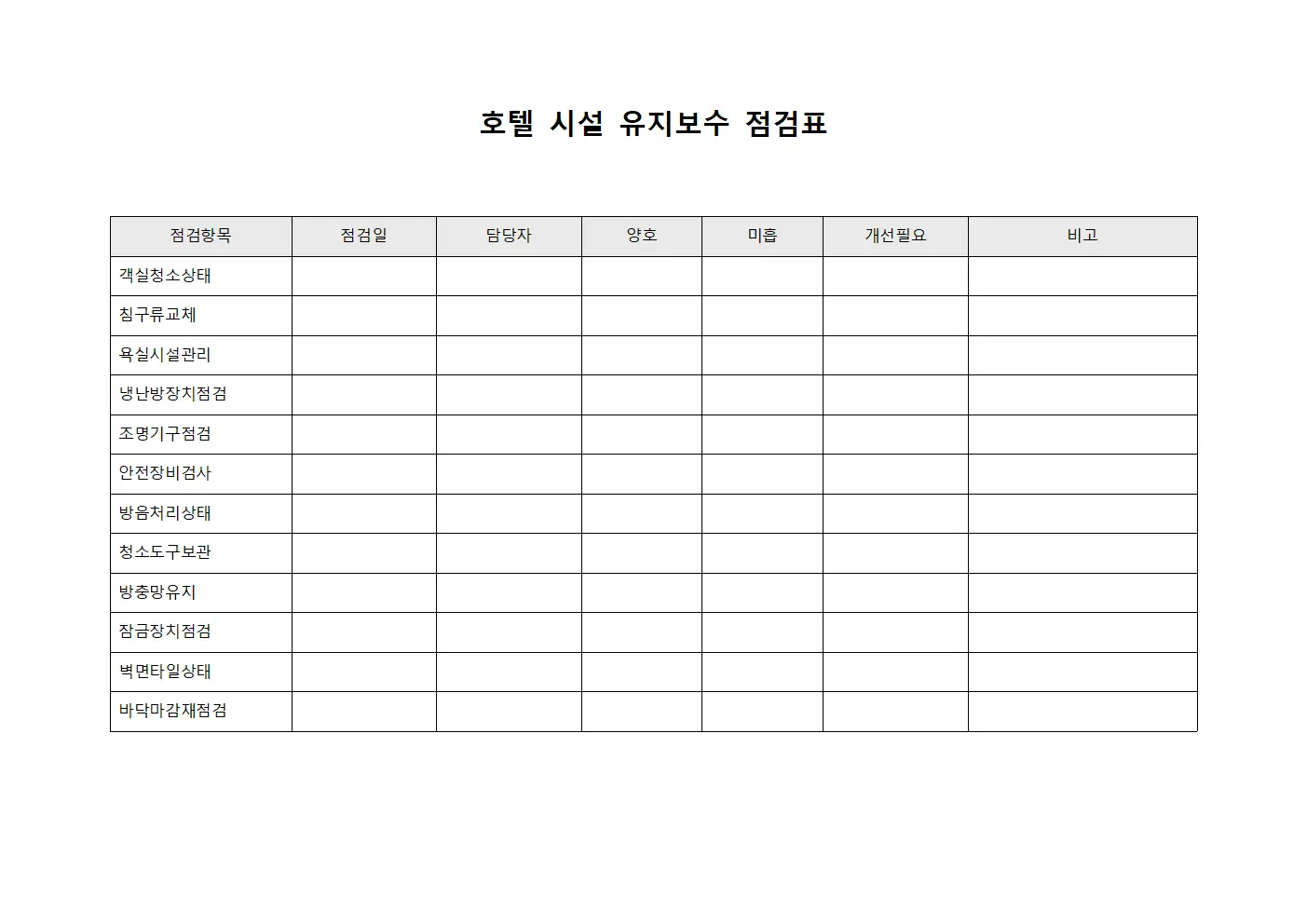 호텔 시설 유지보수 점검표 템플릿 서식