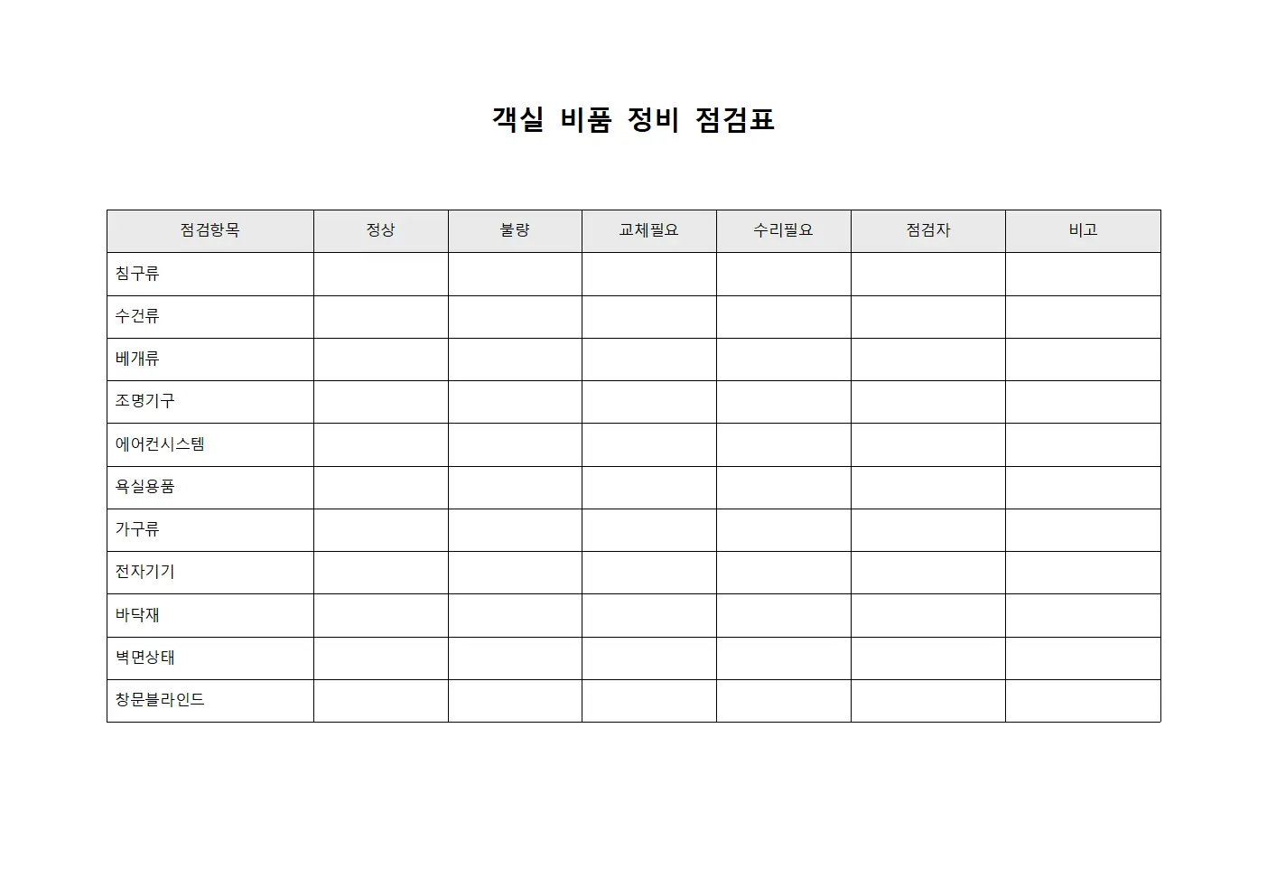 객실 비품 정비 점검표