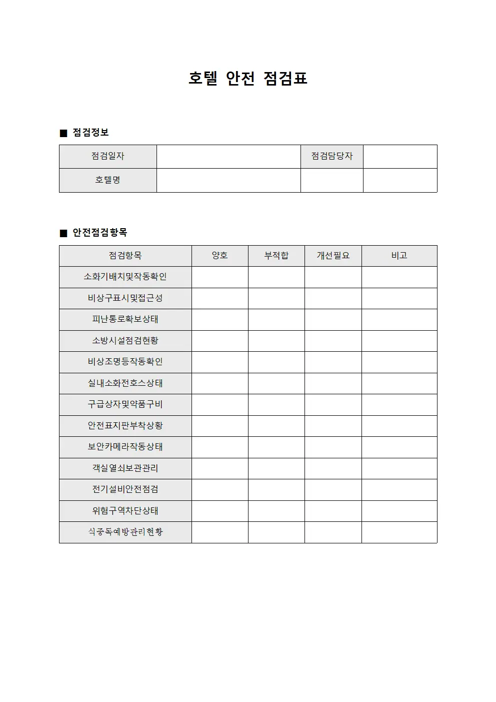 호텔 안전 점검표
