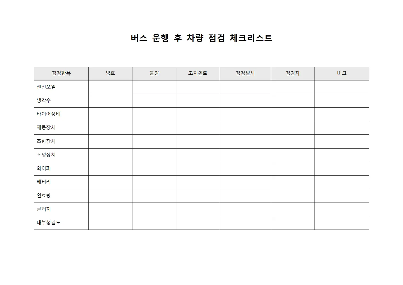 버스 운행 후 차량 점검 체크리스트 서식