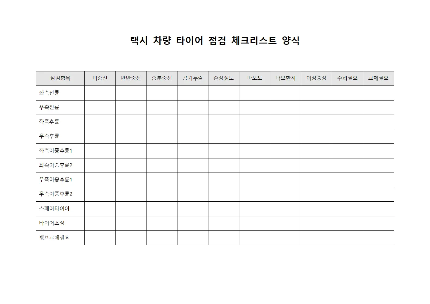 택시 차량 타이어 점검 체크리스트
