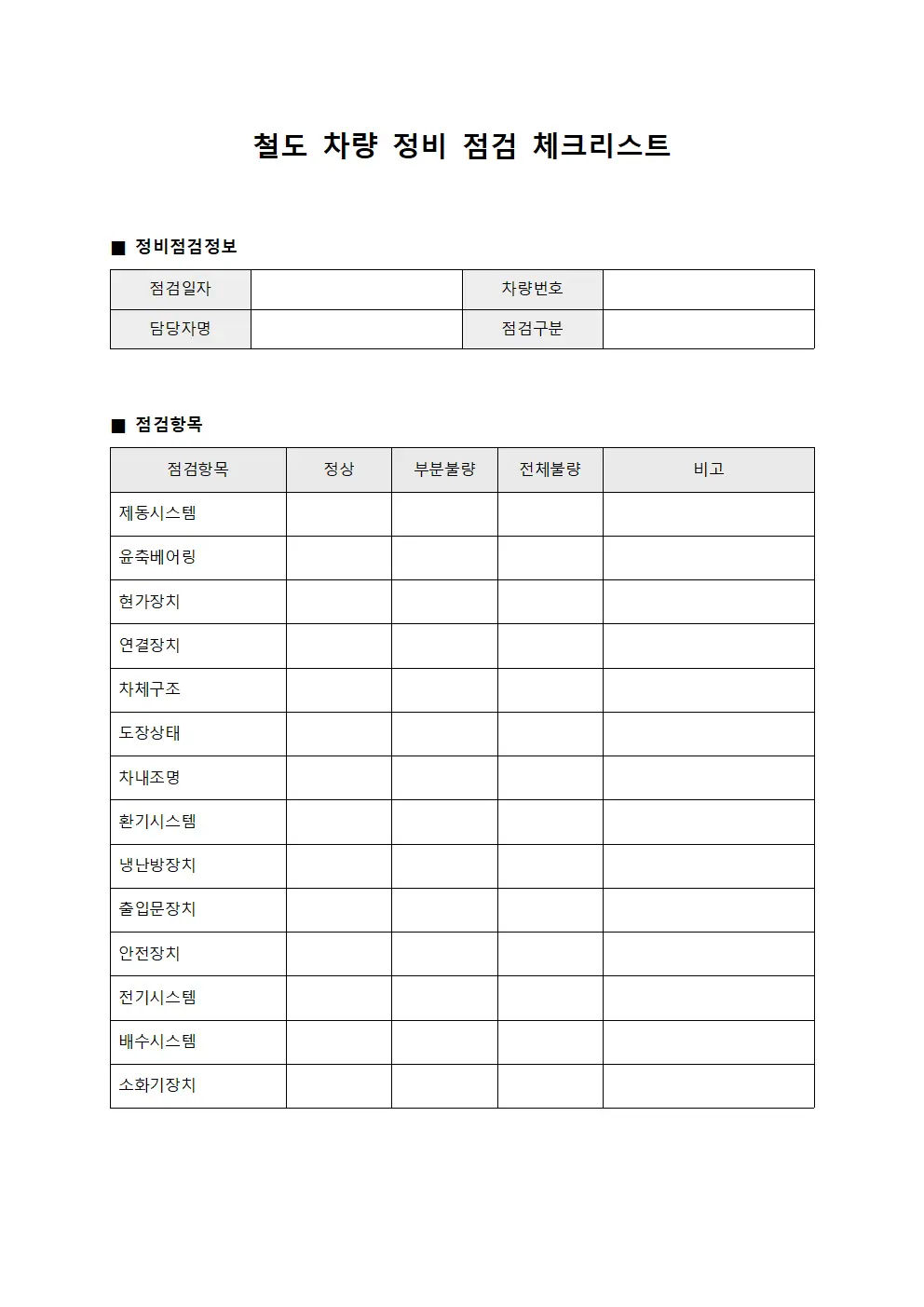 철도 차량 정비 점검 체크리스트 문서서식