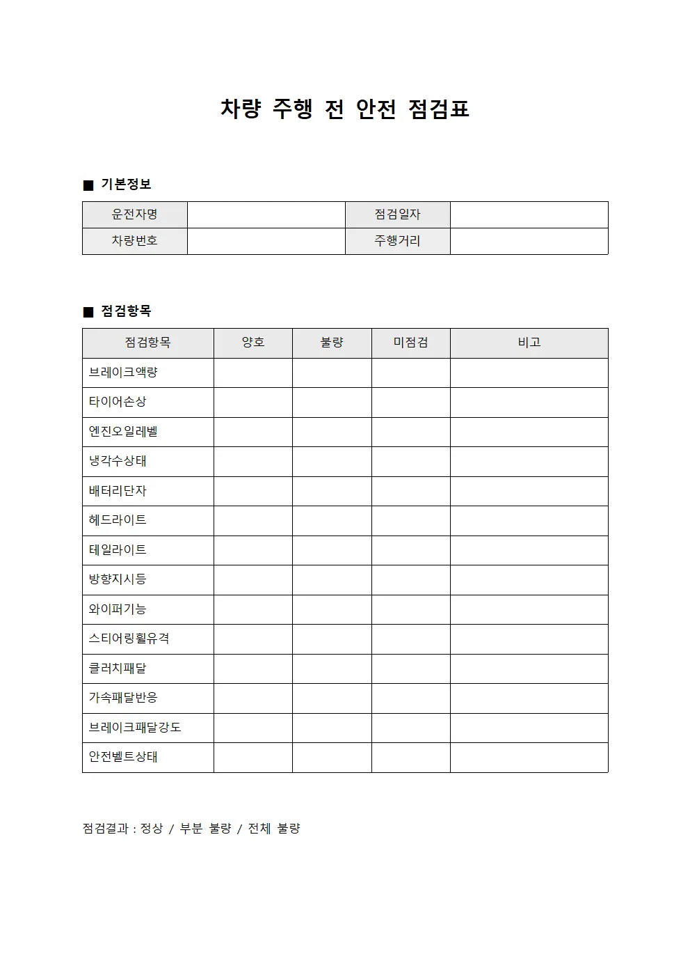 차량 주행 전 안전 점검표 양식