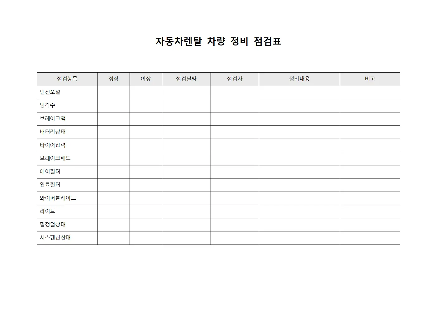 자동차렌탈 차량 정비 점검표 문서.서식