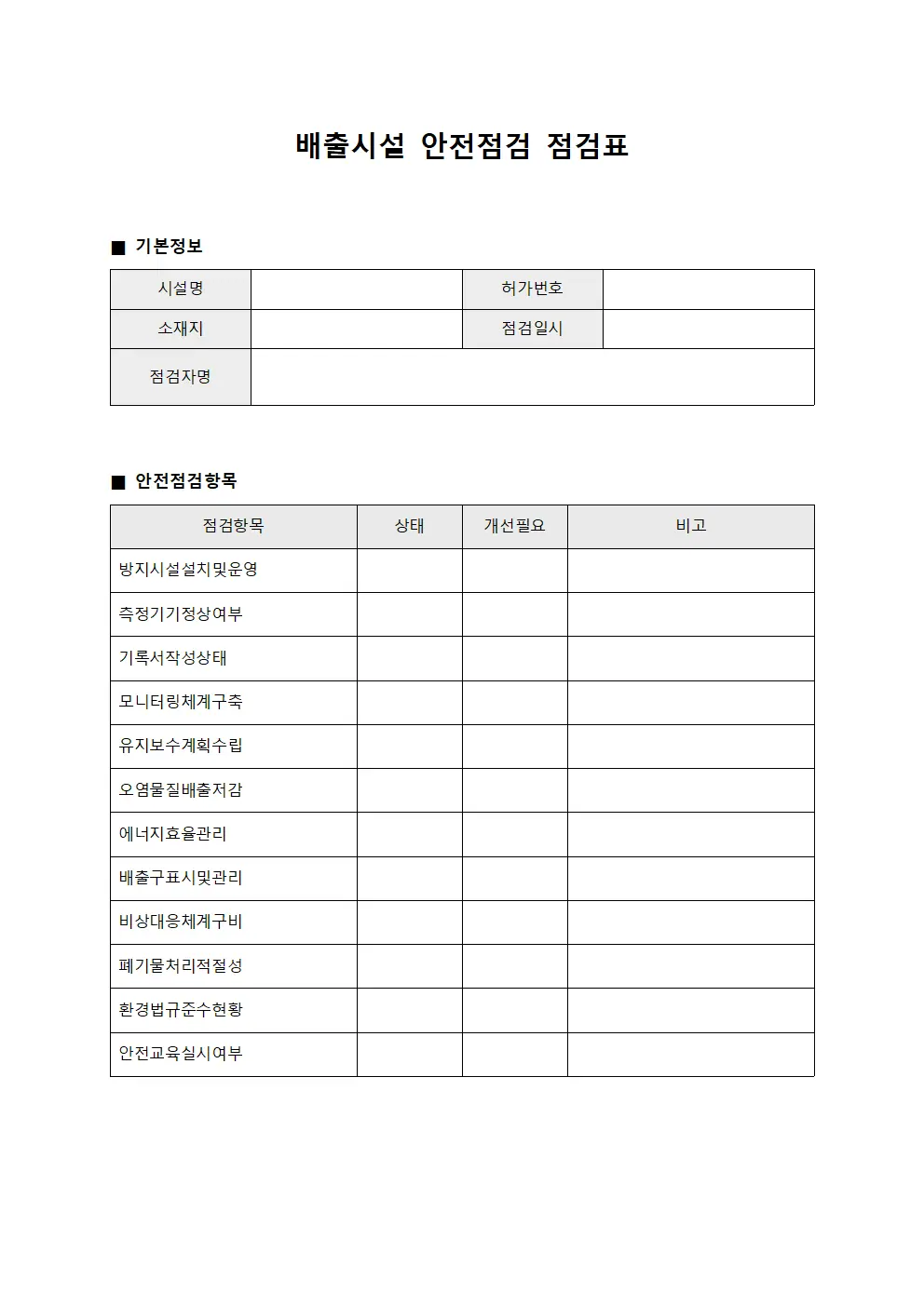 배출시설 안전점검 점검표
