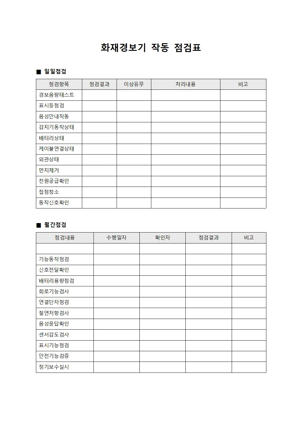 화재경보기 작동 점검표