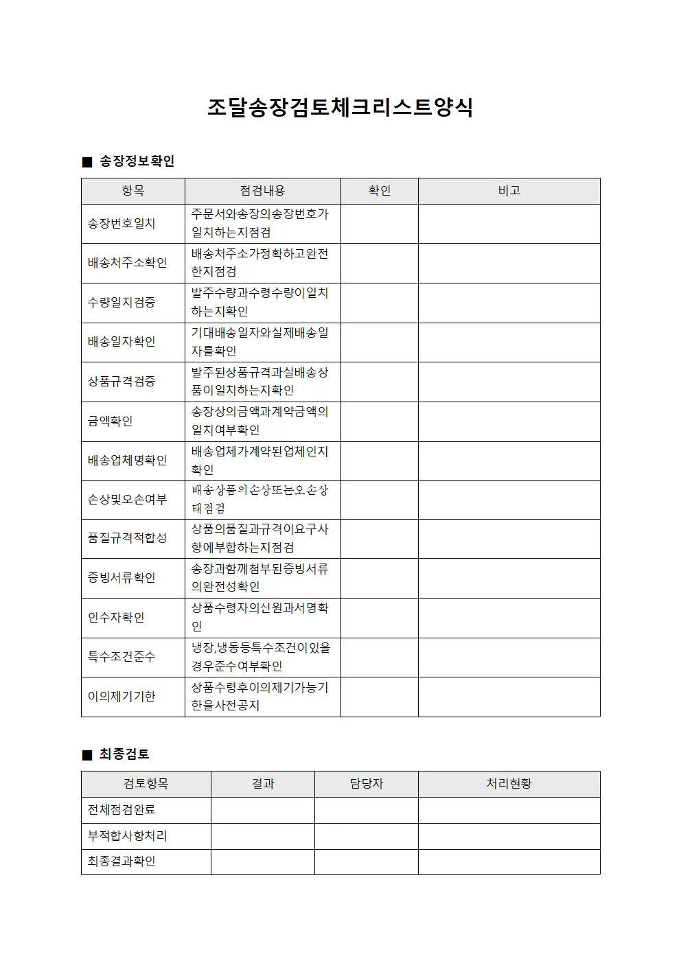 조달송장검토체크리스트 문서서식