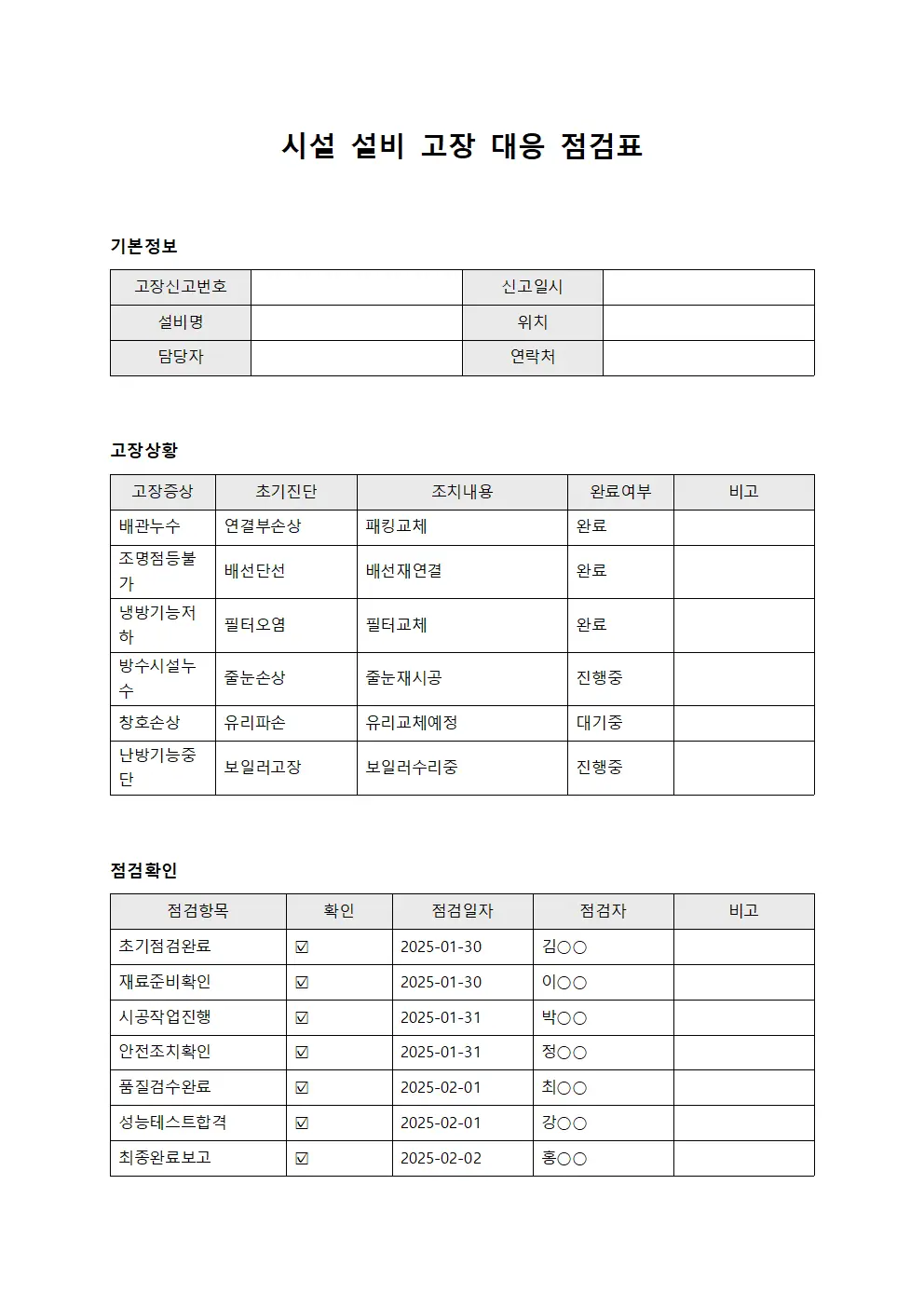 시설 설비 고장 대응 점검표