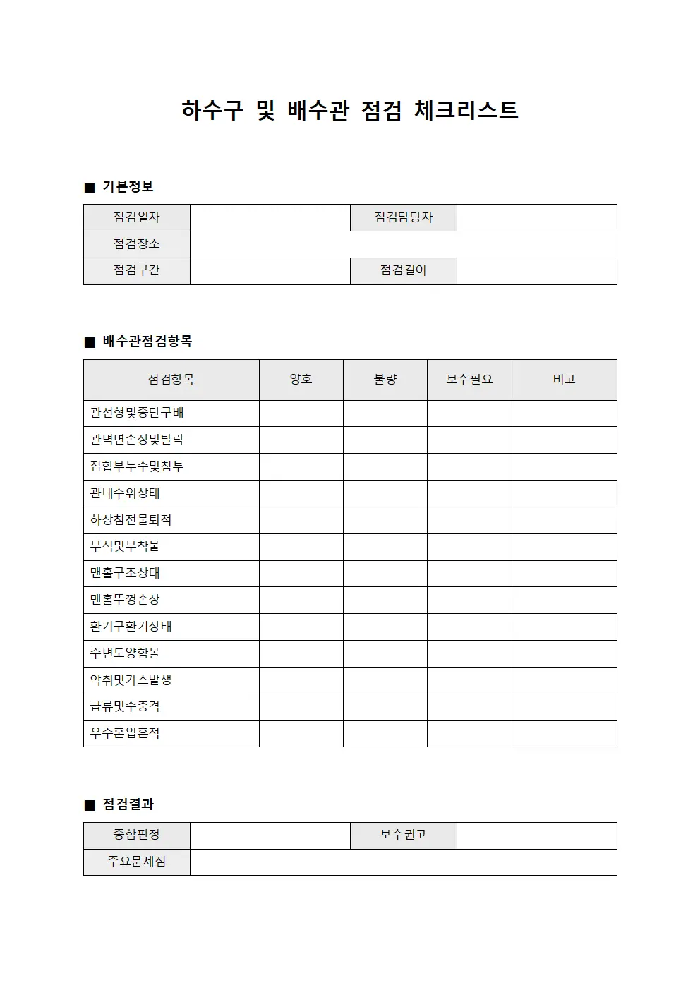 하수구 및 배수관 점검 체크리스트 문서양식