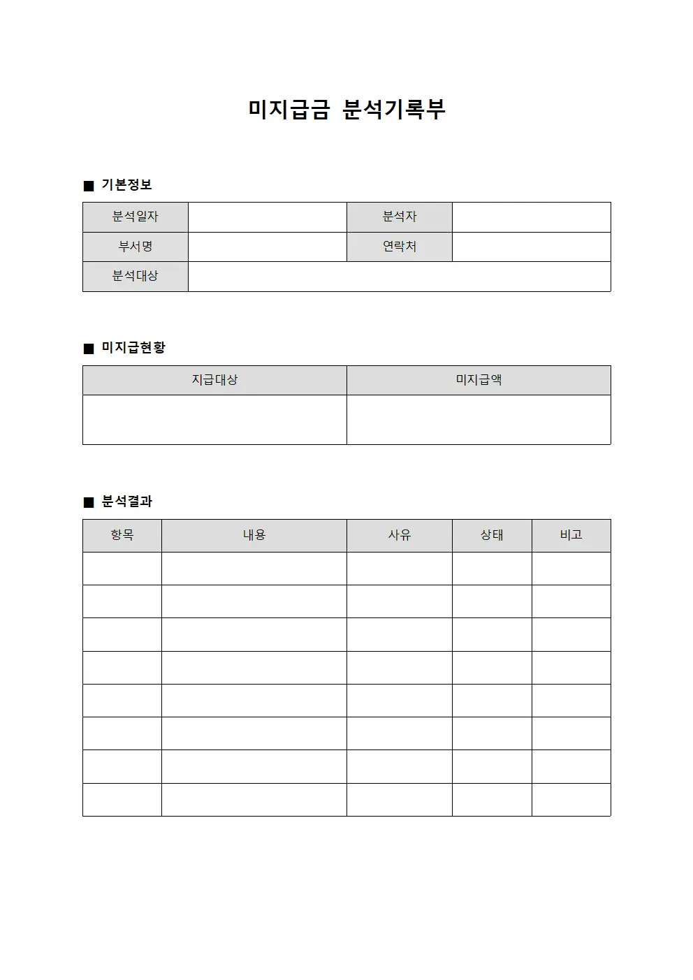 미지급금 분석기록부 템플릿 서식