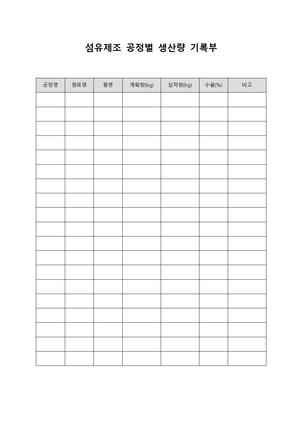 섬유제조 공정별 생산량 기록부 서식문서