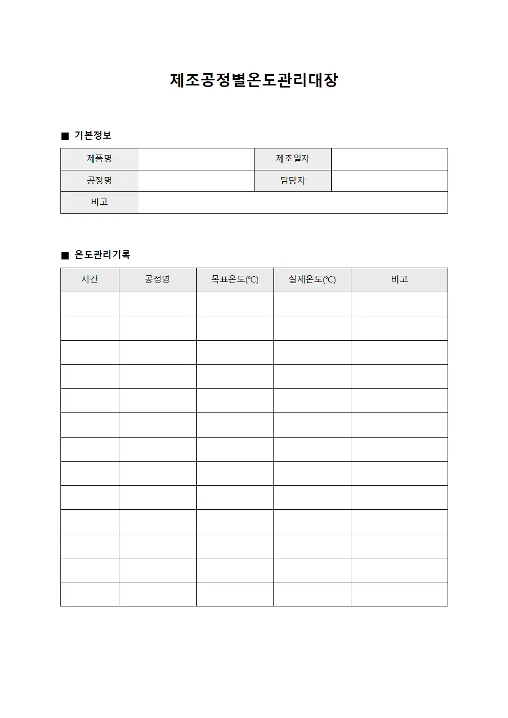 제조공정별 온도관리대장