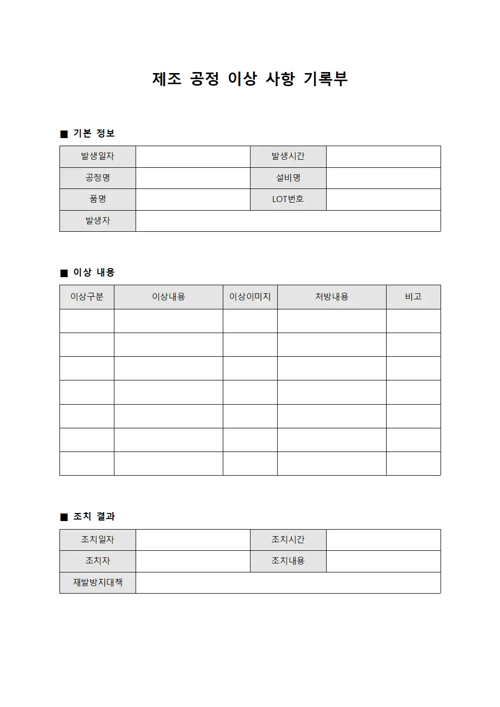 제조 공정 이상 사항 기록부