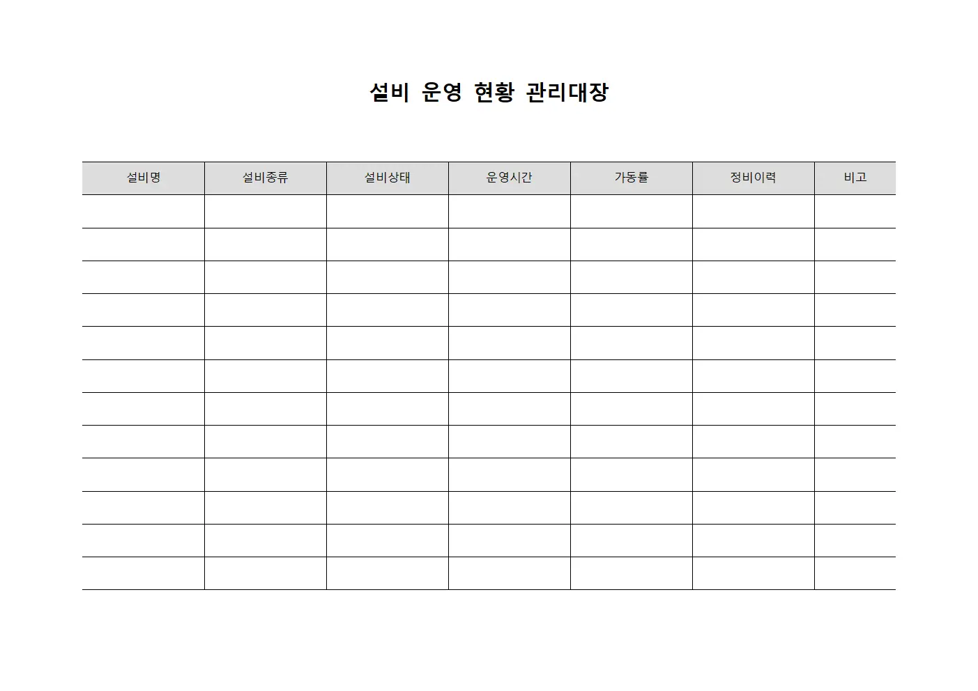 설비 운영 현황 관리대장 템플릿 서식