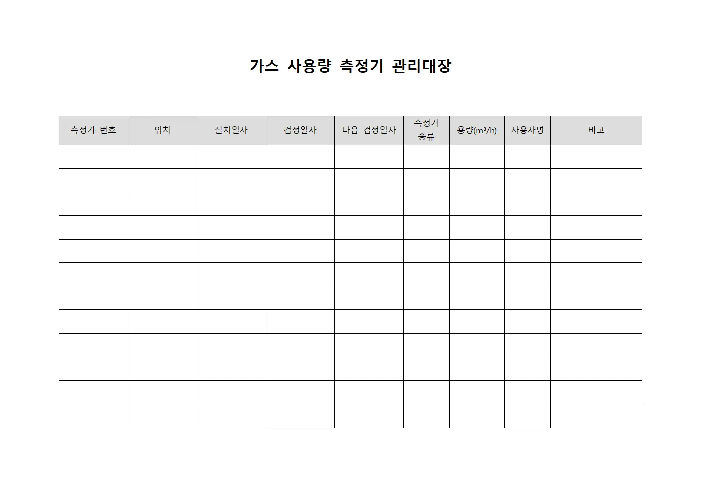 가스 사용량 측정기 관리대장