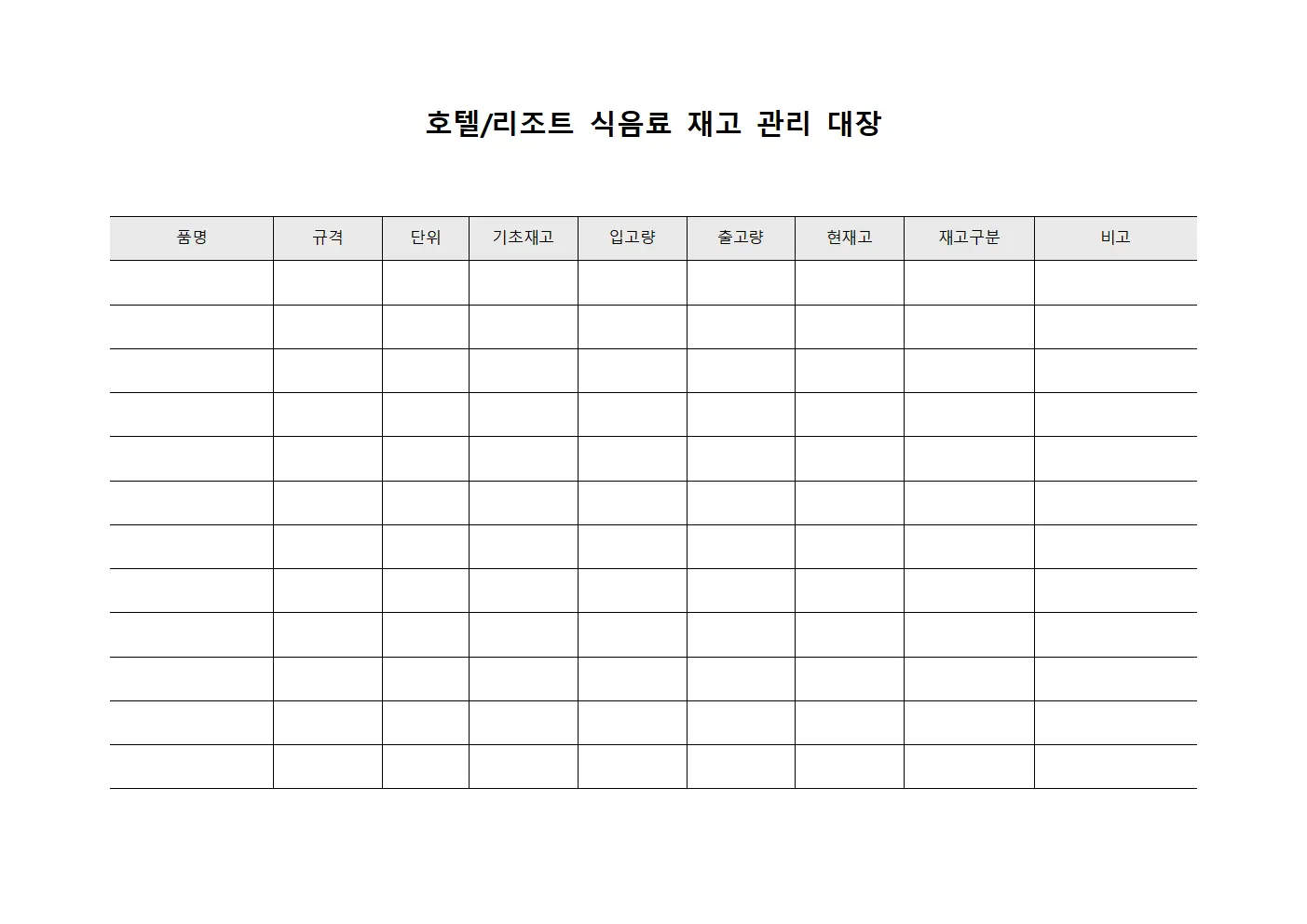 호텔/리조트 식음료 재고 관리 대장