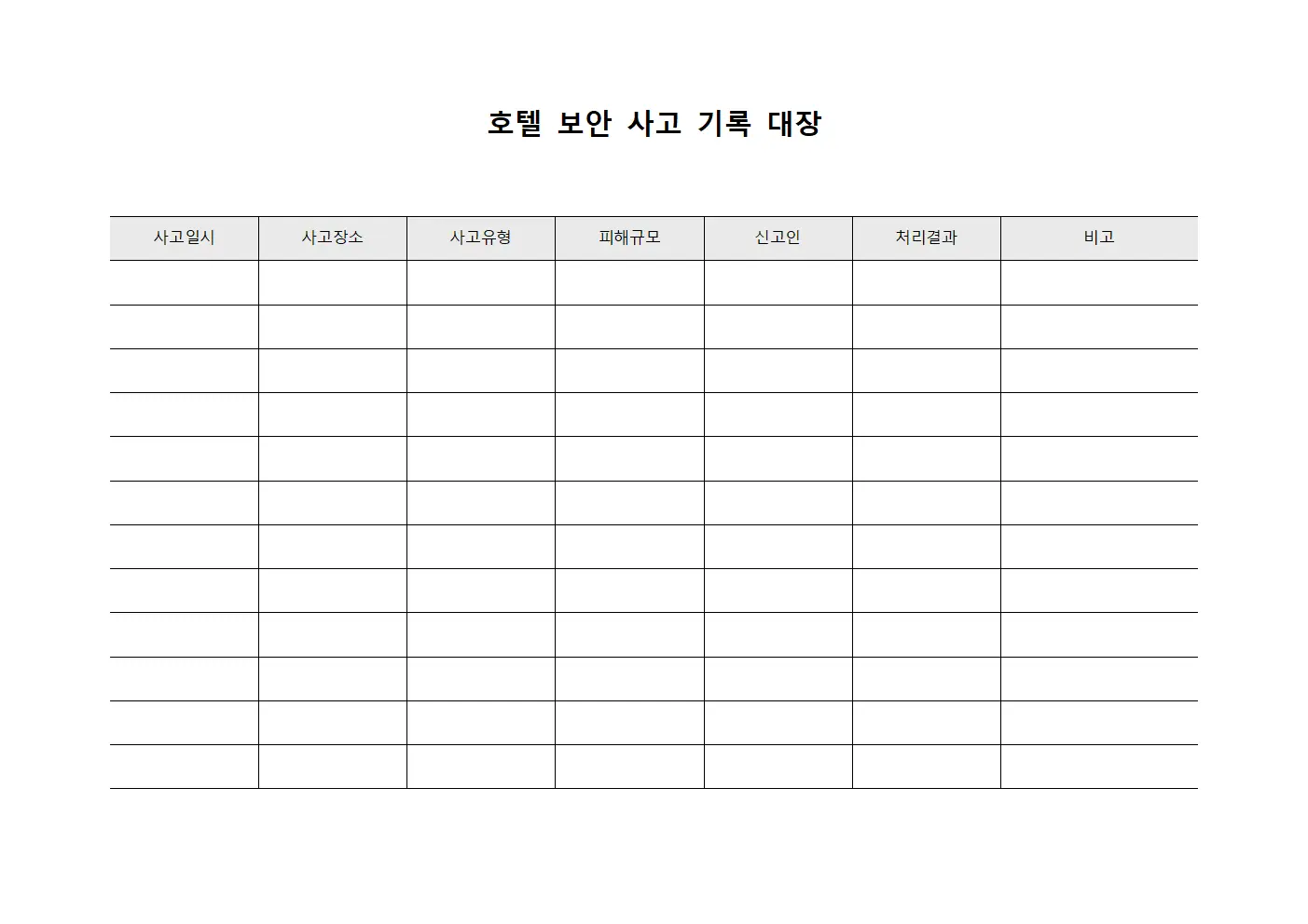 호텔 보안 사고 기록 대장 파일서식