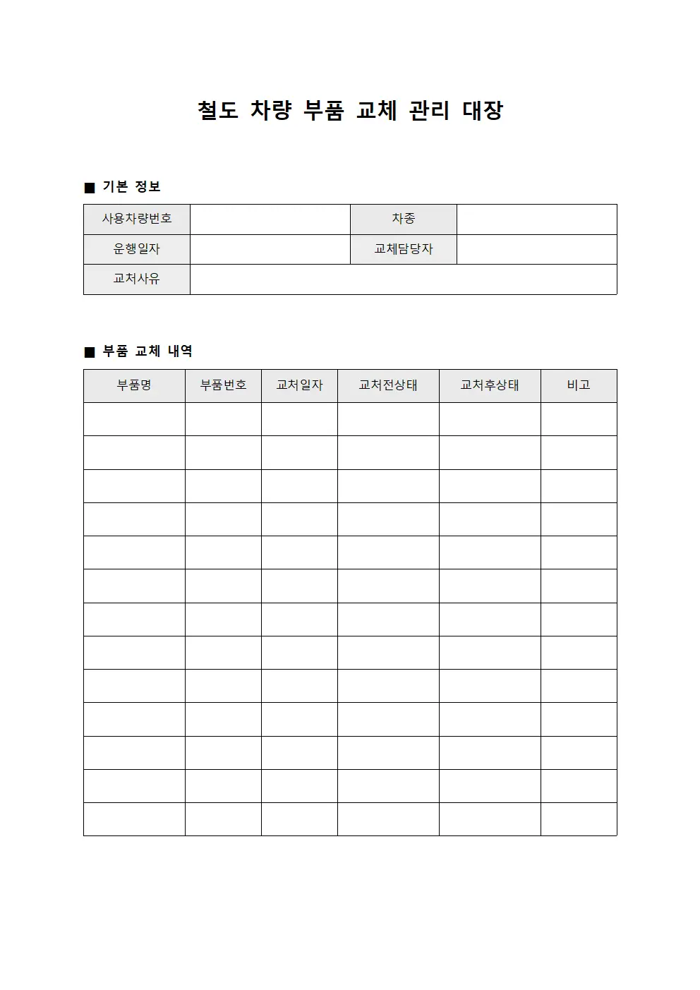 철도 차량 부품 교체 관리 대장