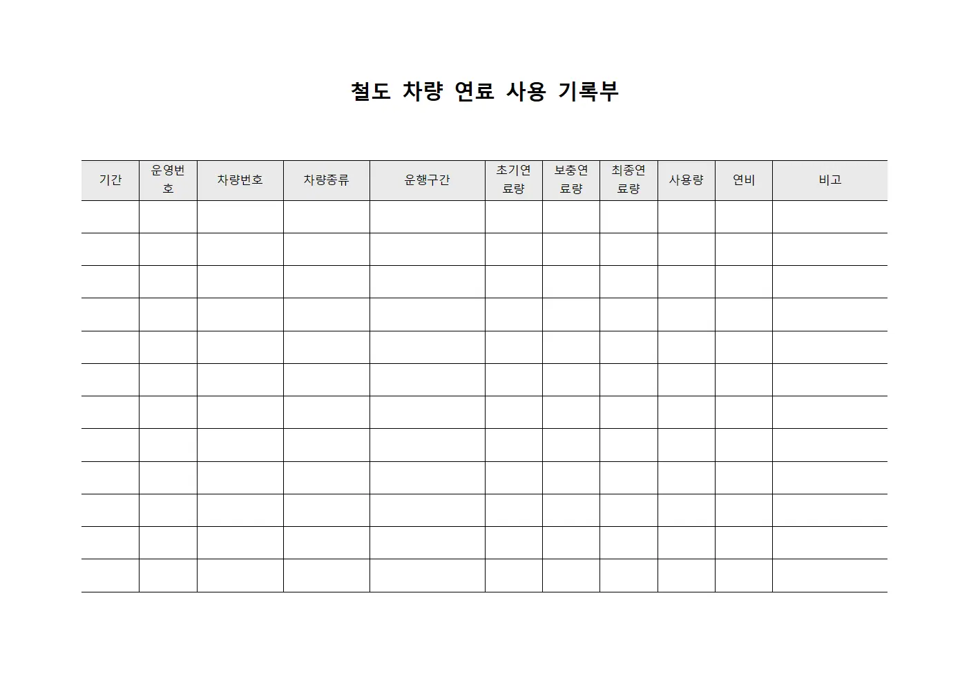 철도 차량 연료 사용 기록부 서식문서