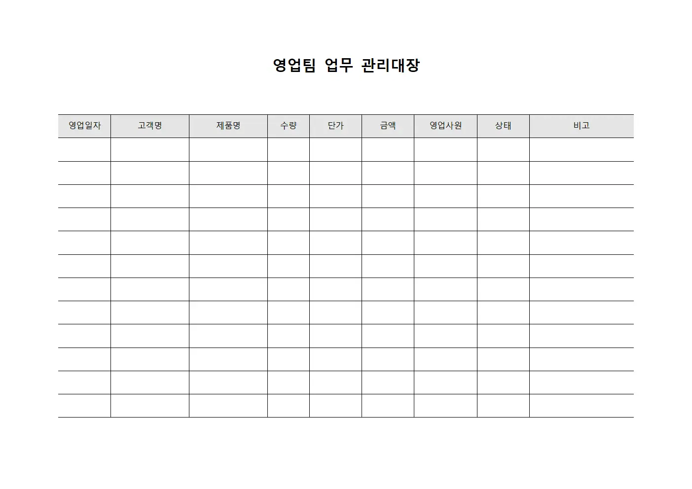 영업팀 업무 관리대장 문서서식