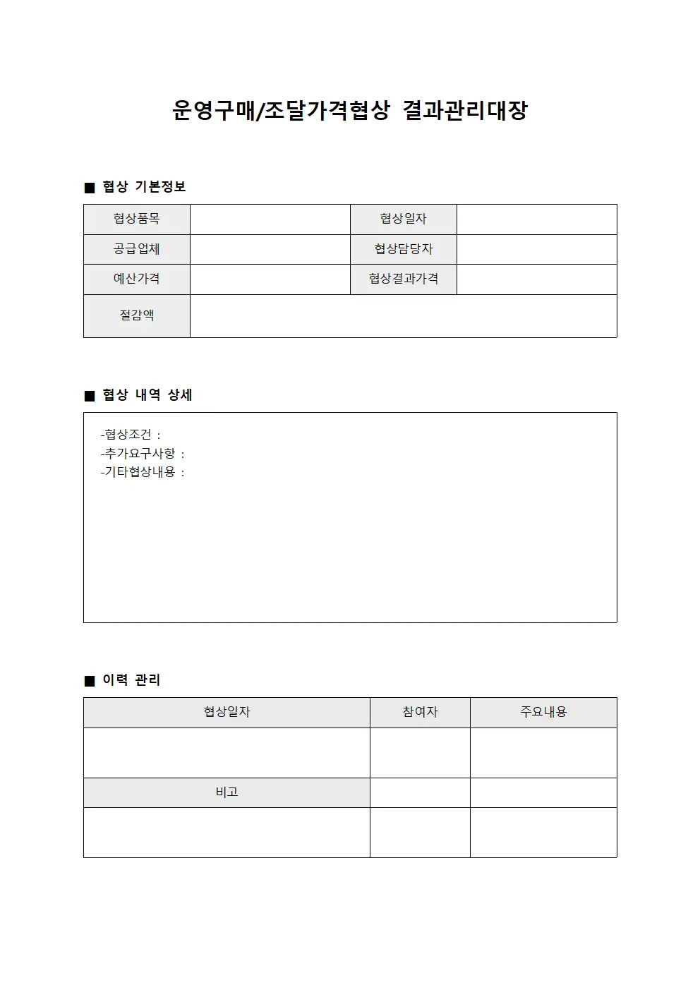 운영구매/조달가격협상 결과관리대장