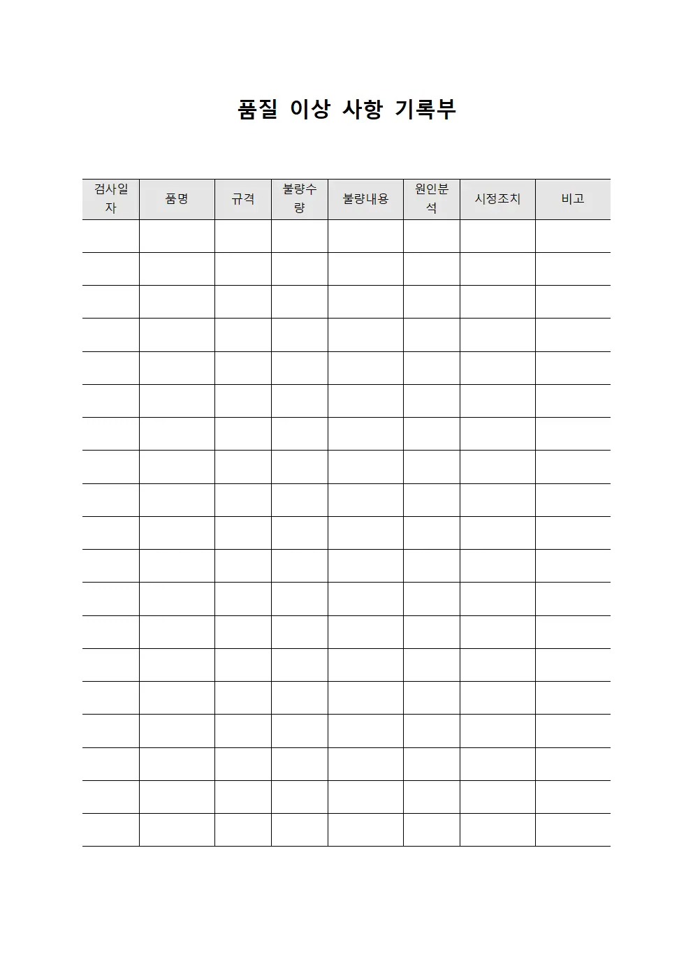품질 이상 사항 기록부 템플릿 서식
