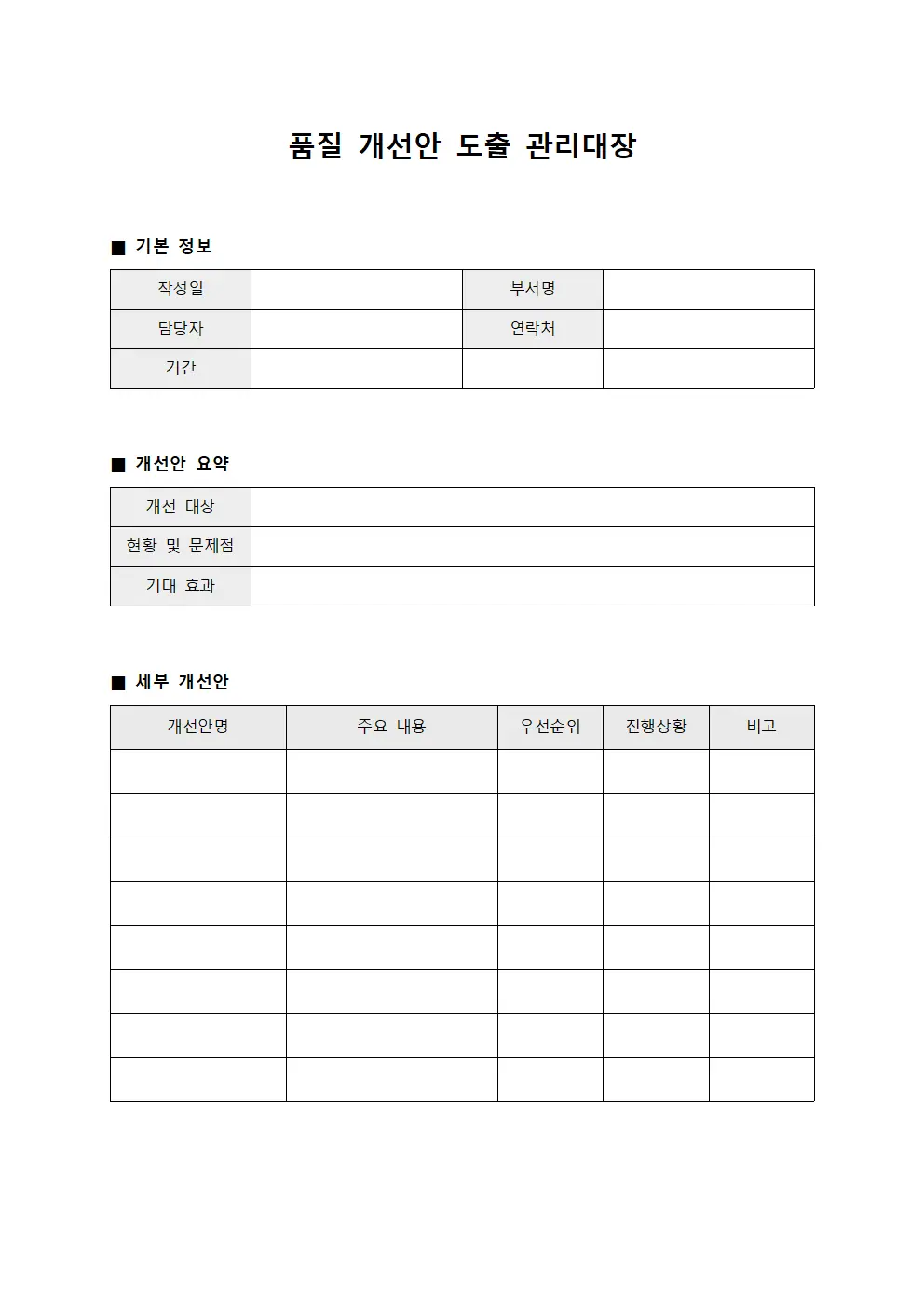 품질 개선안 도출 관리대장