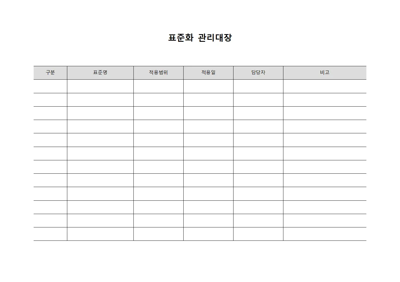 표준화 관리대장 문서양식