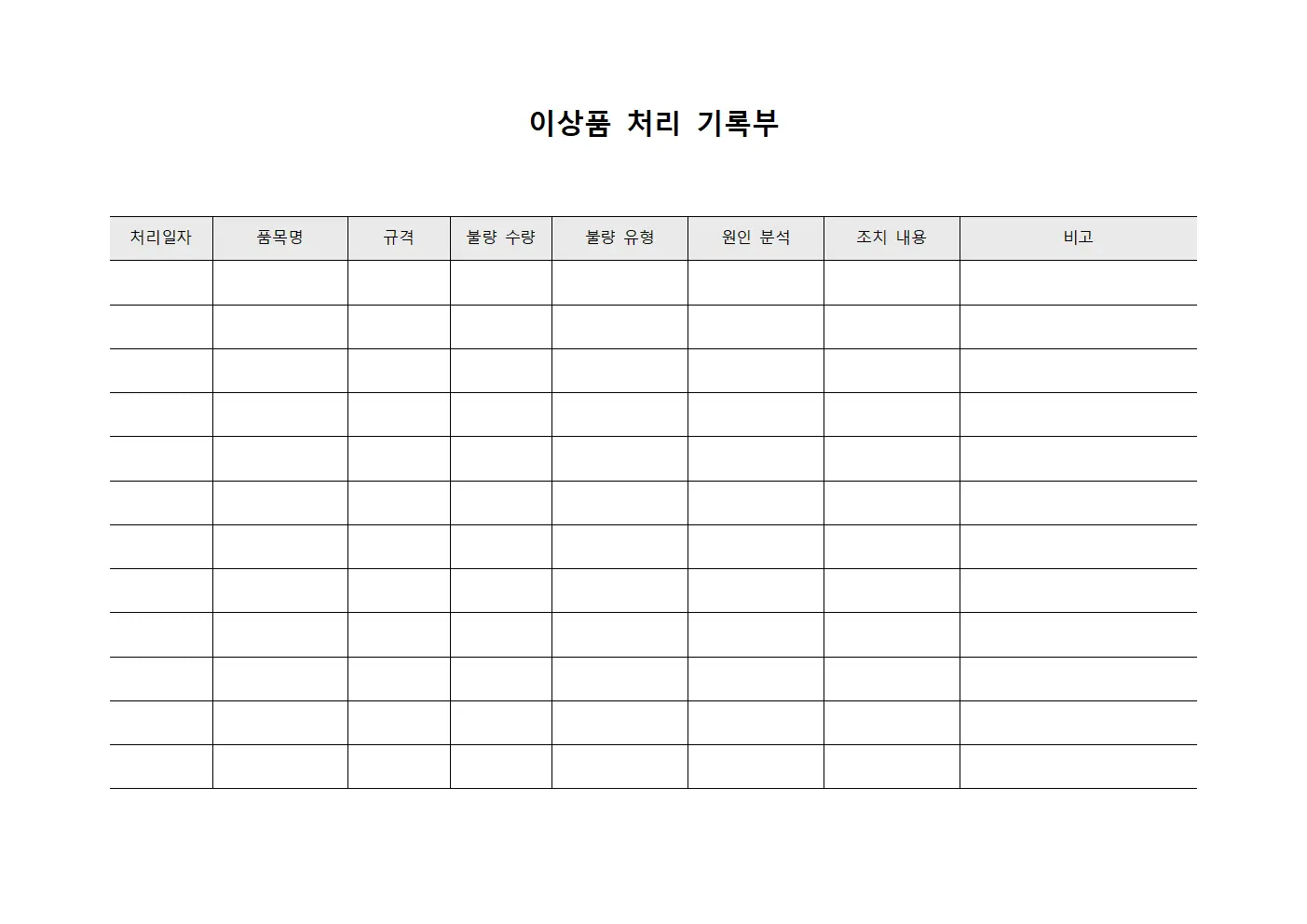 이상품 처리 기록부 템플릿 양식