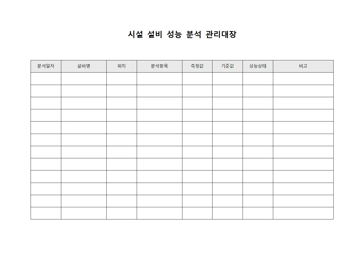 시설 설비 성능 분석 관리대장 문서양식