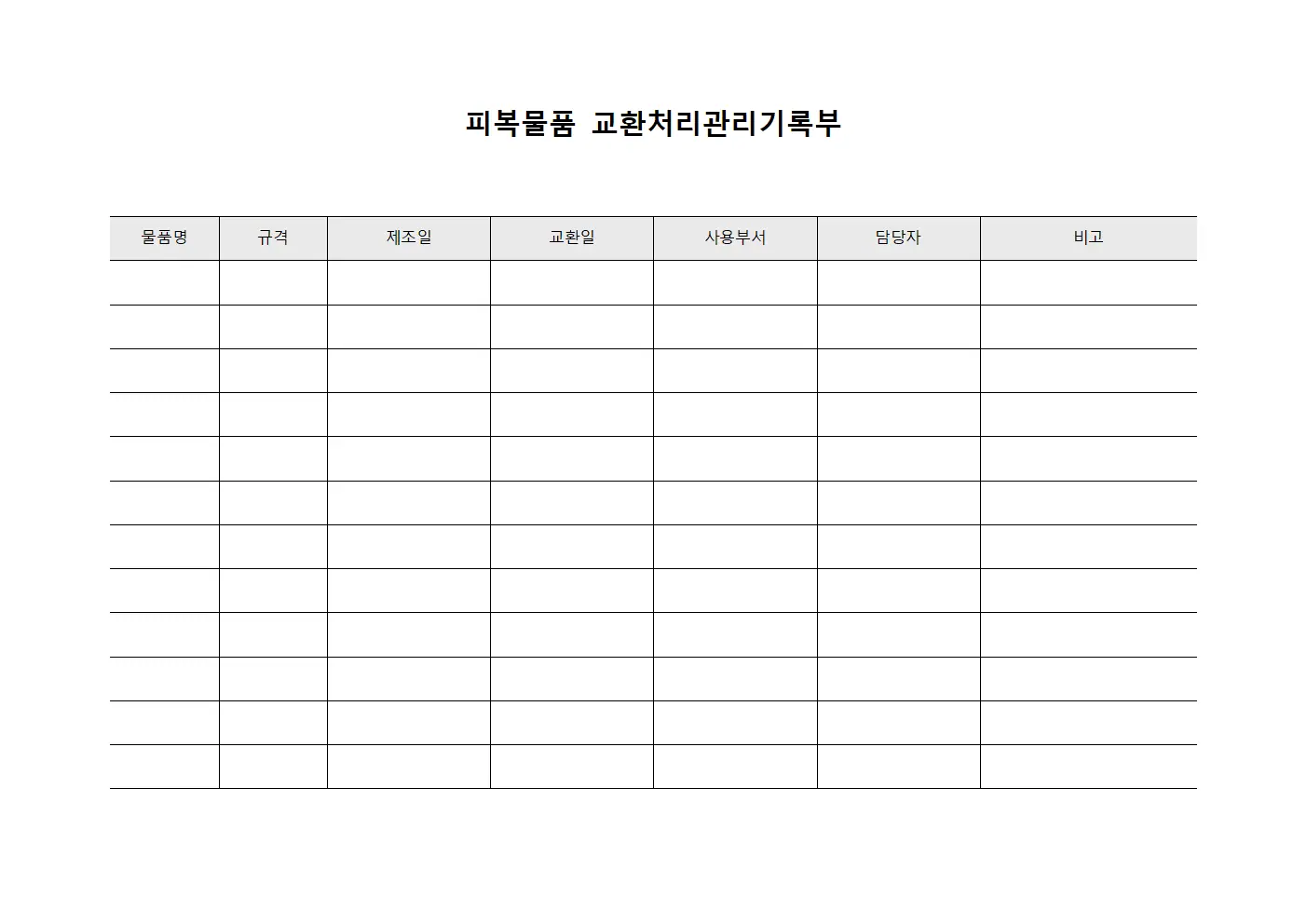 피복물품 교환처리관리기록부