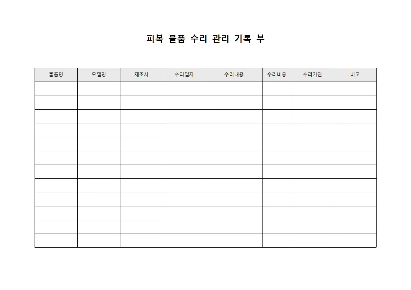 피복 물품 수리 관리 기록부