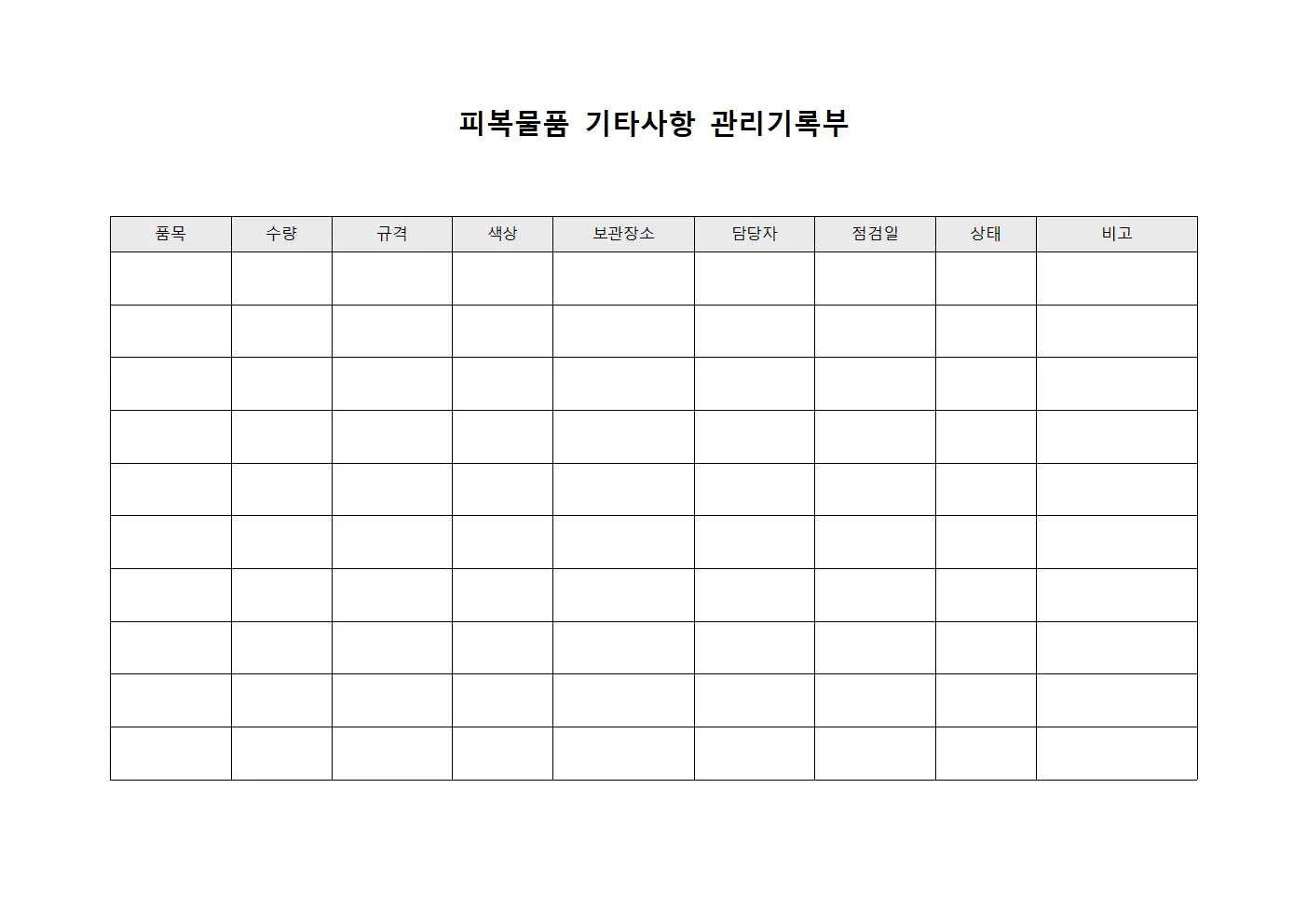 피복물품 기타사항 관리기록부