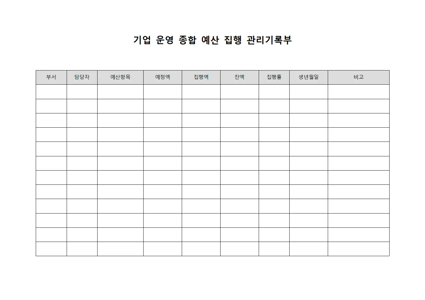 기업 운영 종합 예산 집행 관리기록부