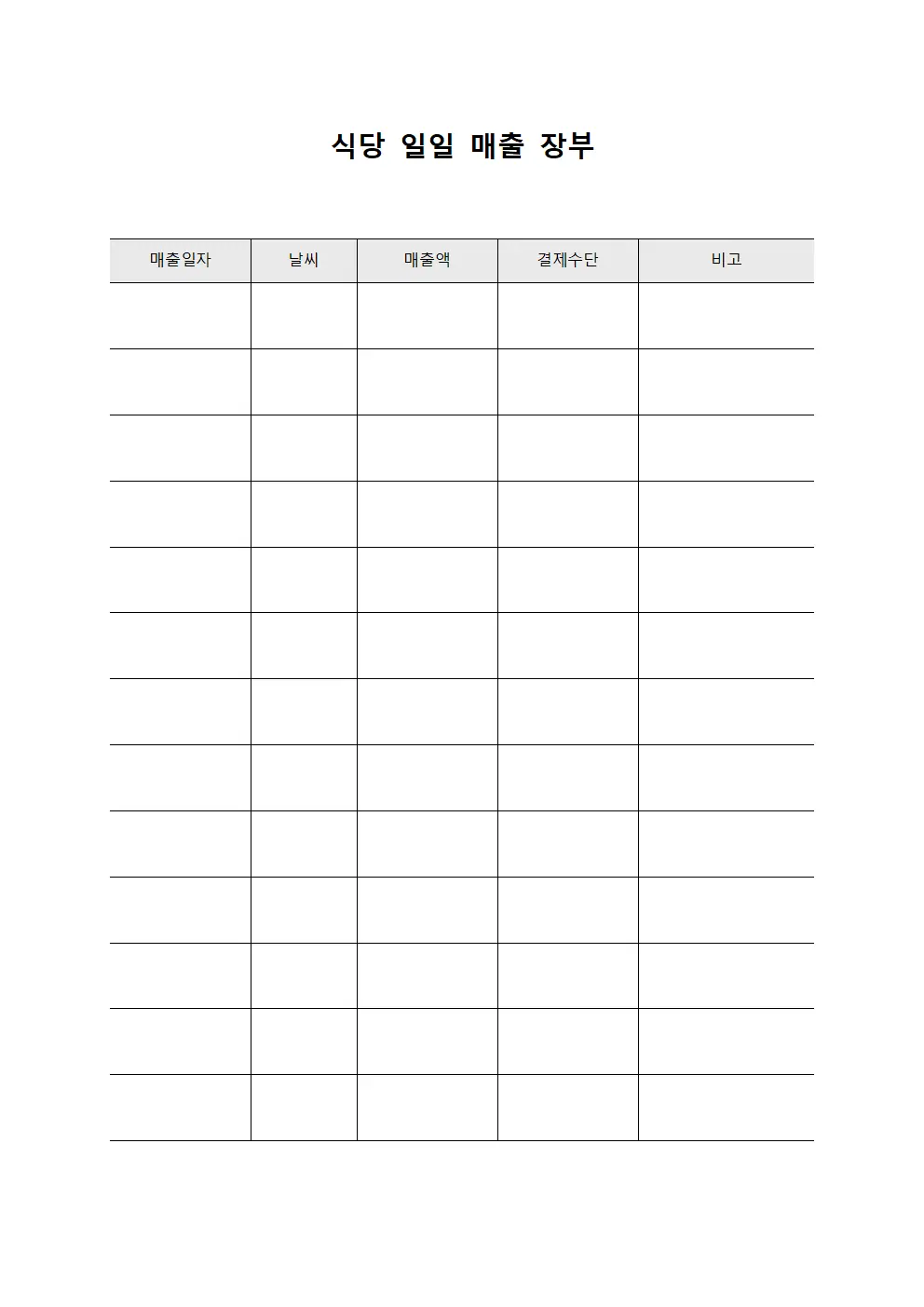 식당 일일 매출 장부 문서.양식