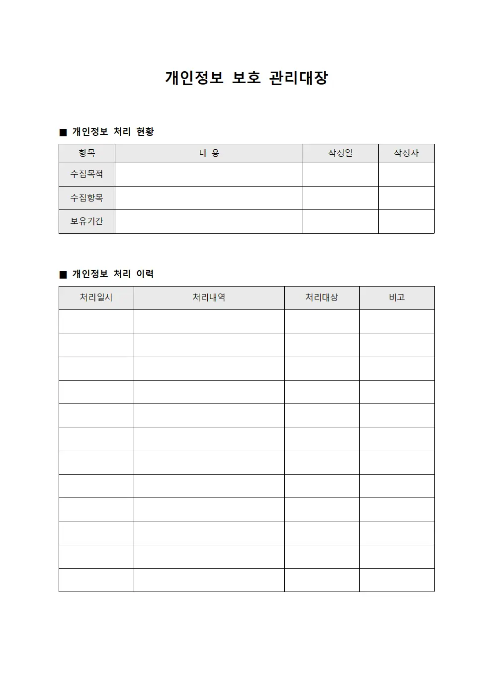 개인정보 보호 관리대장 양식문서