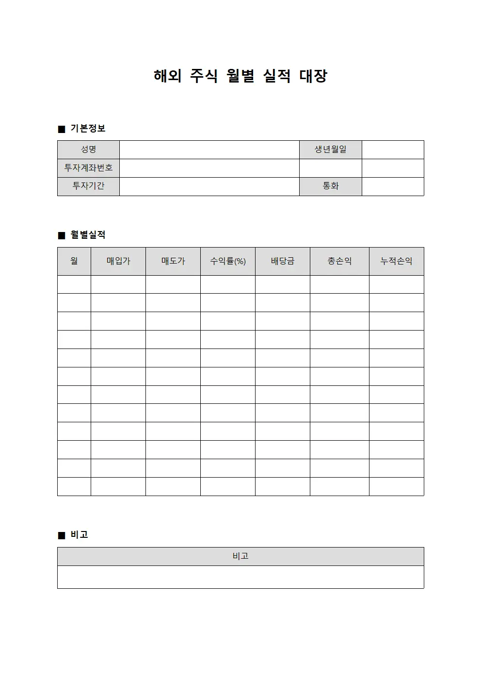 해외 주식 월별 실적 대장