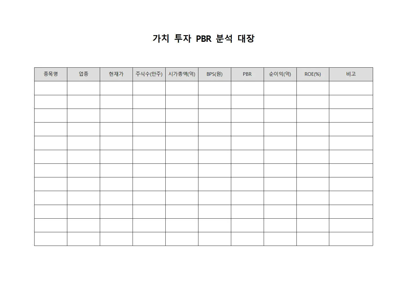 가치 투자 PBR 분석 대장 서식