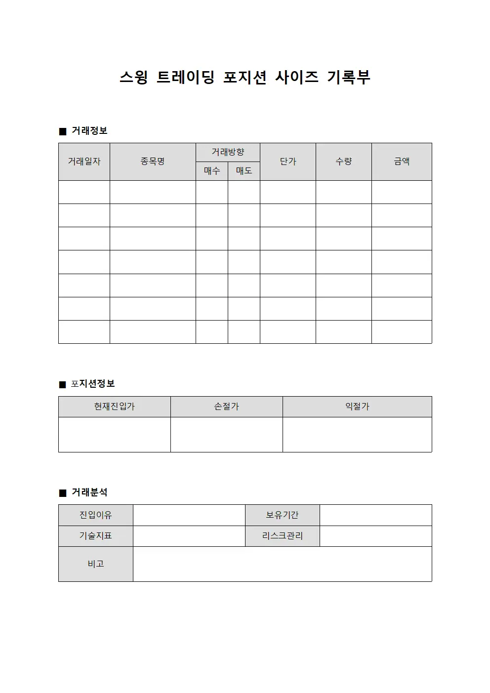 스윙 트레이딩 포지션 사이즈 기록부