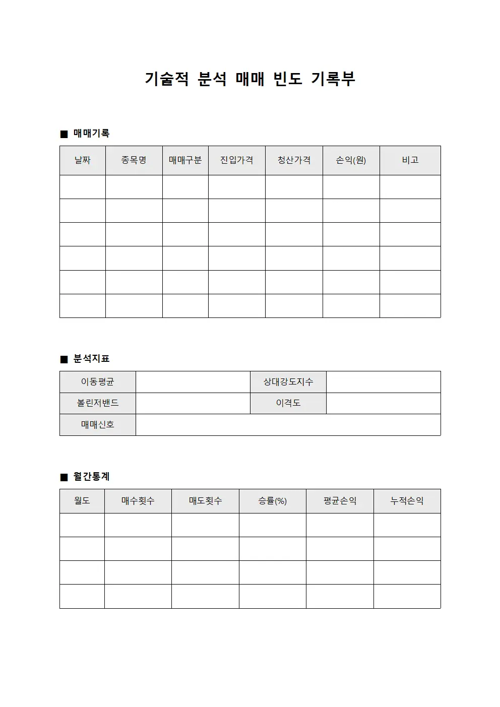 기술적 분석 매매 빈도 기록부 서식.양식
