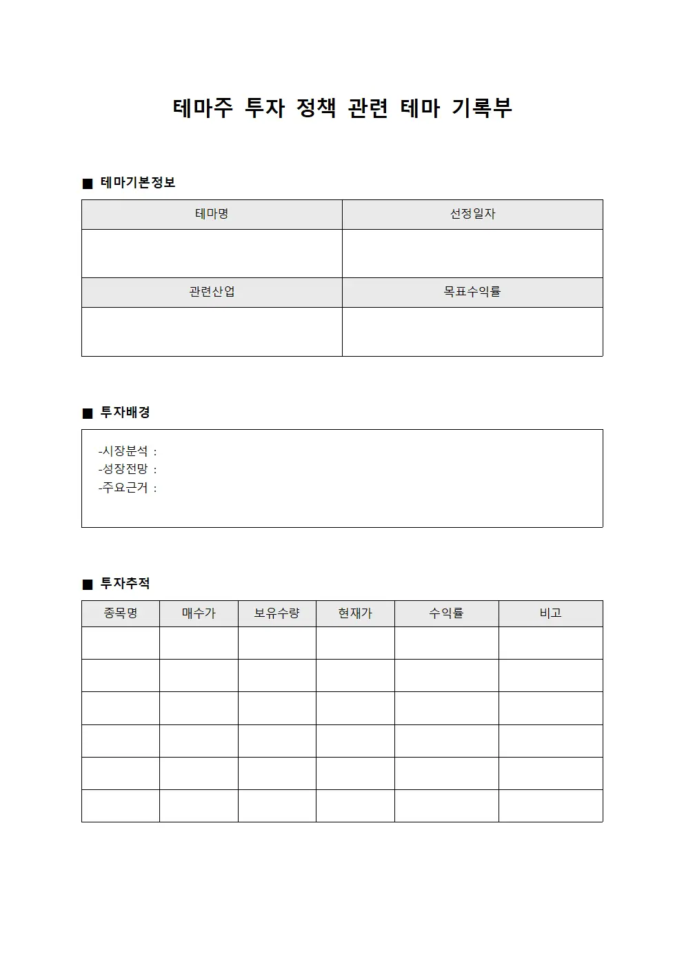테마주 투자 정책 관련 테마 기록부
