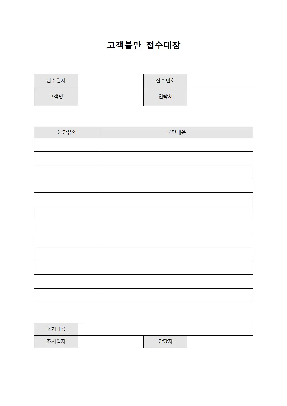 고객불만접수대장 및 해결현황