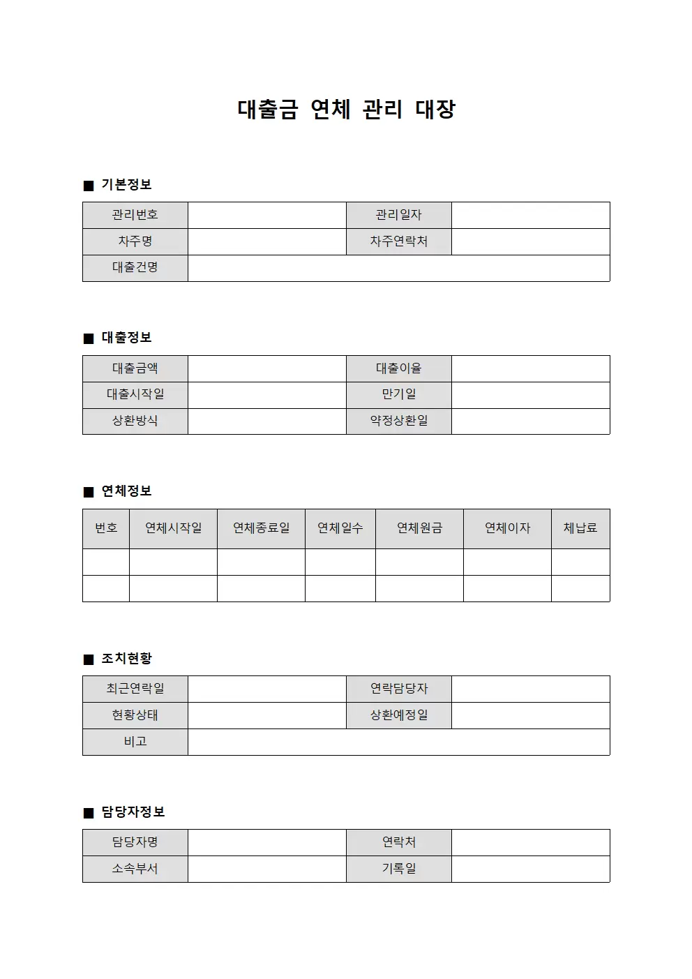 대출금 연체 관리대장 템플릿