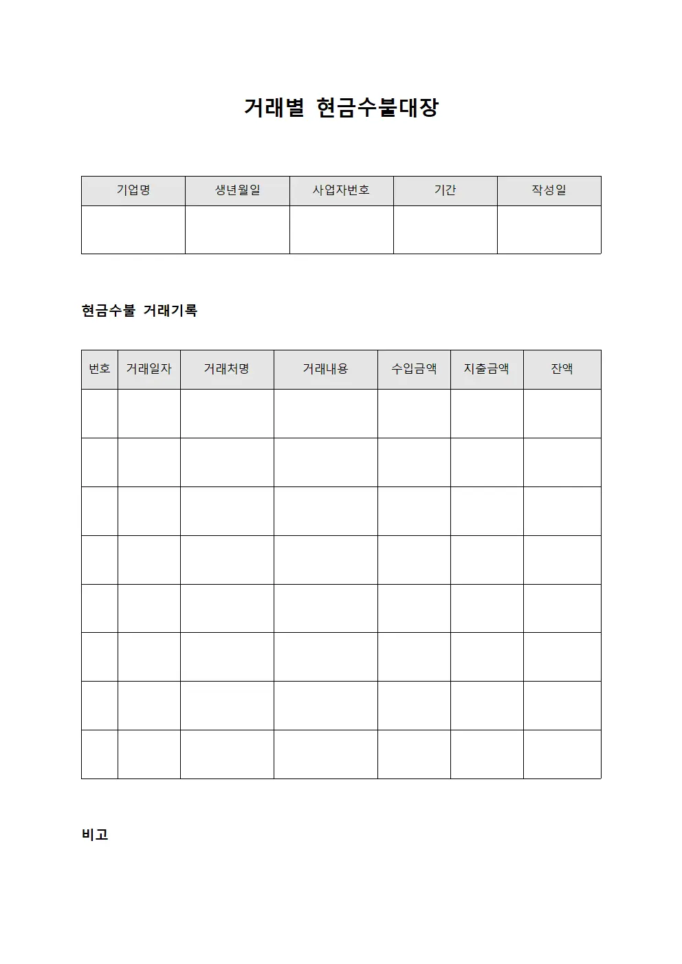 거래별 현금수불대장