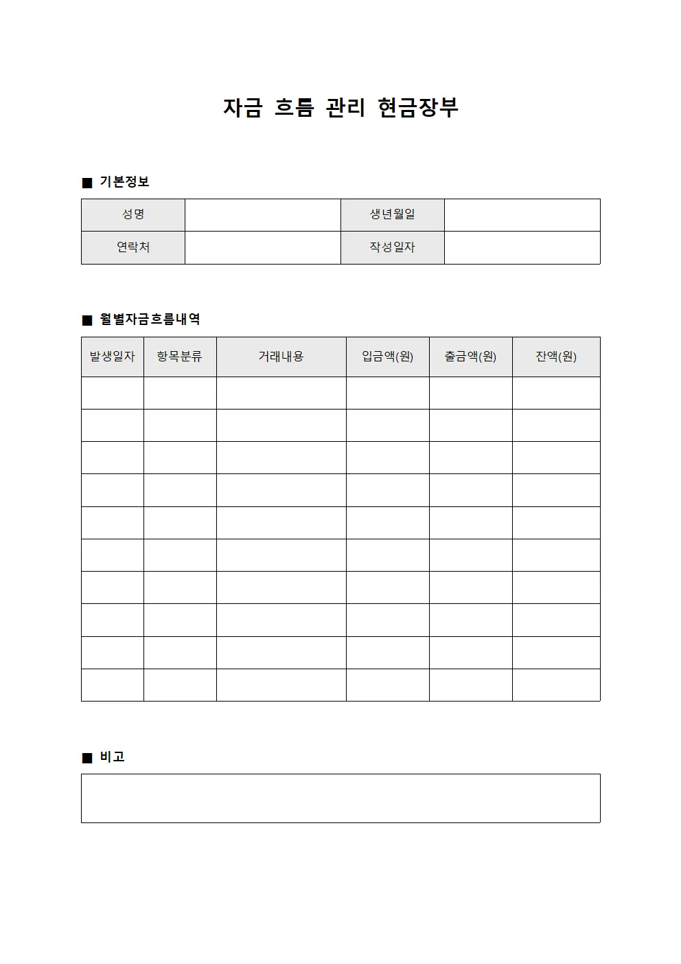 자금 흐름 관리 현금장부
