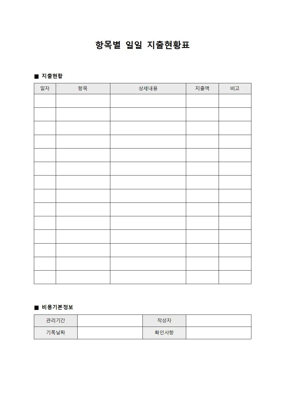 항목별 일일 지출현황표