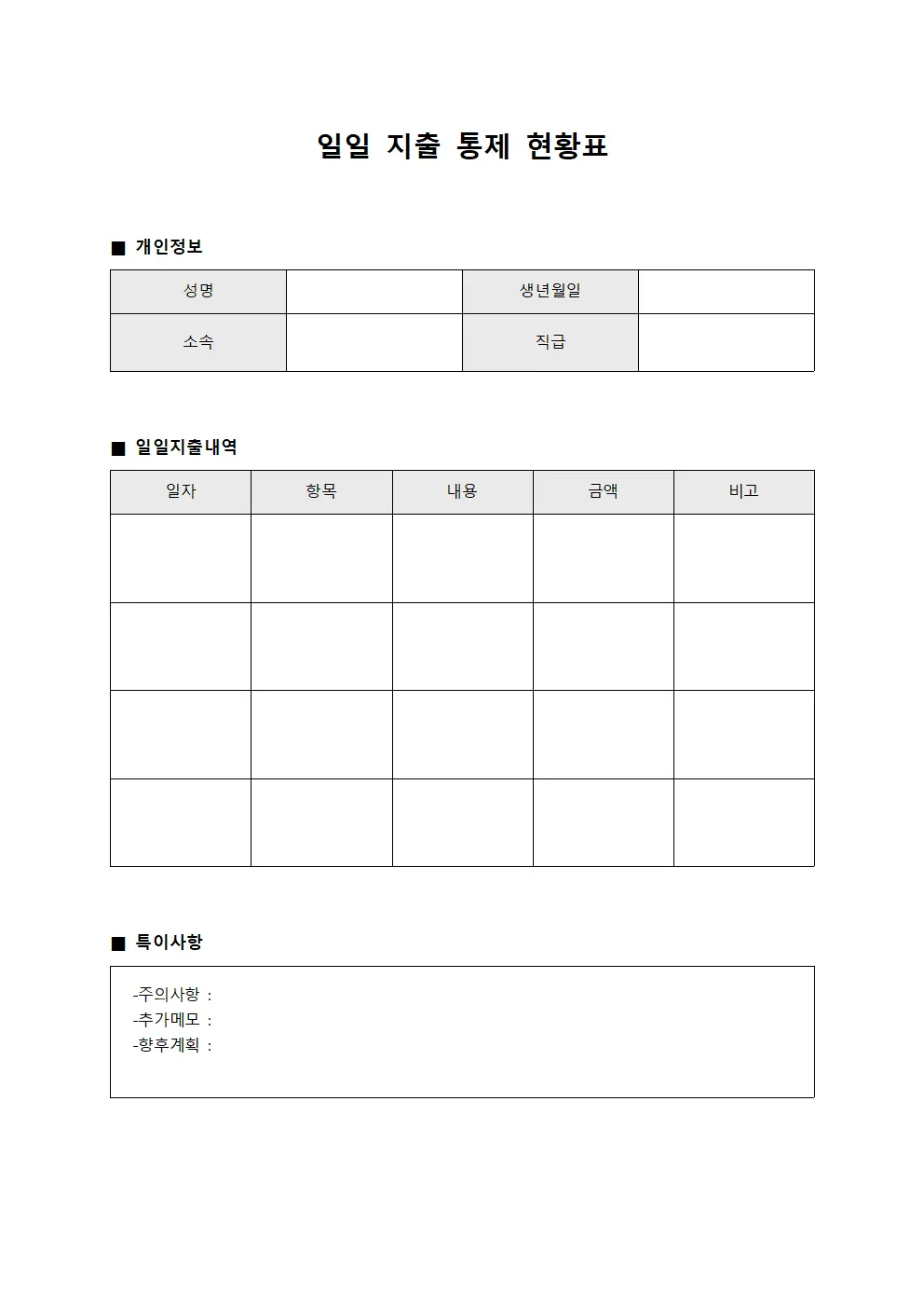 일일 지출 통제 현황표