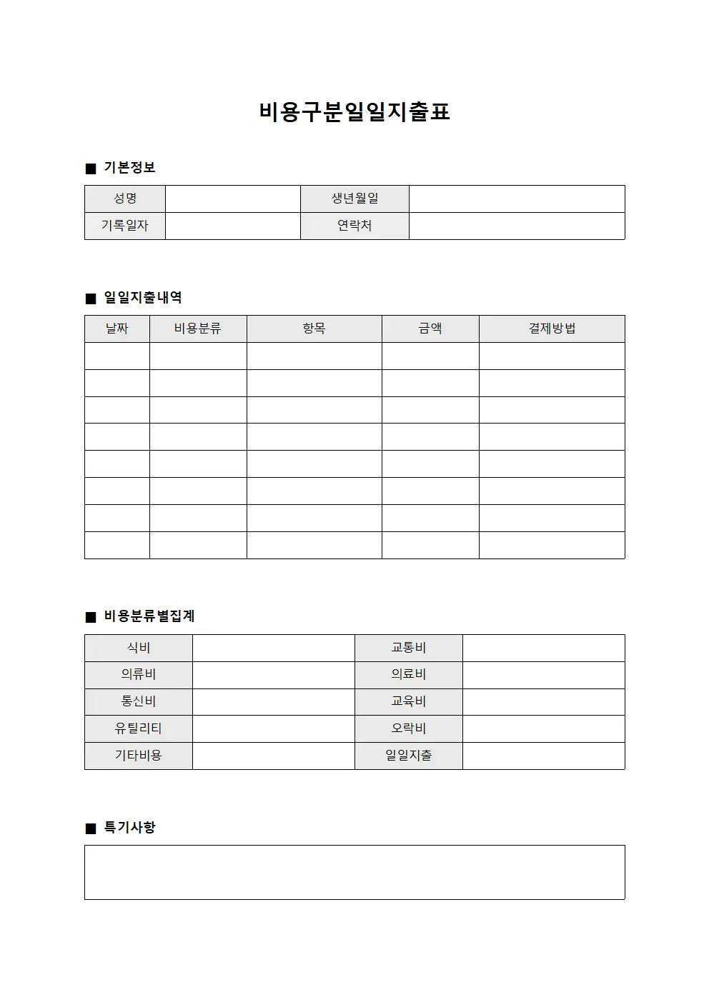 비용구분일일지출표 문서양식